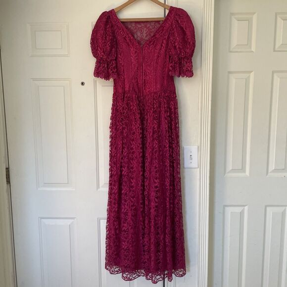 Vtg‎ Magenta 80s Prom Dress Formal JCPenney Bridesmaid Lace Puff Sleeve 9/10 - Picture 9 of 9